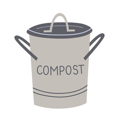 Kitchen compost bin icon, hand drawn doodle illustration of compost bucket, zero waste concept, vector isolated colored clipart on white background