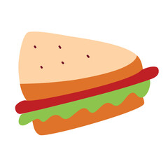 Sandwich doodle icon, vector illustration of triangle sandwich with meat, lettuce, cheese, fast food for breakfast and snack, isolated colored clipart on white background