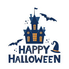 Happy Halloween lettering with traditional halloween design elements, castle, bat, witch hat. Holiday calligraphy for banner, poster, greeting card, party invitation. Vector illustration.