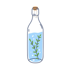Detox infused water with rosemary leaf. Carbonated aromatic aqua drink in glass bottle closed with cork. Summer soda refreshment. Lineart flat vector illustration isolated on white background