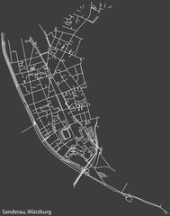 Detailed negative navigation white lines urban street roads map of the SANDERAU DISTRICT of the German regional capital city of Würzburg, Germany on dark gray background