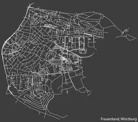 Detailed negative navigation white lines urban street roads map of the FRAUENLAND DISTRICT of the German regional capital city of Würzburg, Germany on dark gray background
