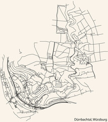 Fototapeta na wymiar Detailed navigation black lines urban street roads map of the DÜRRBACHTAL DISTRICT of the German regional capital city of Würzburg, Germany on vintage beige background