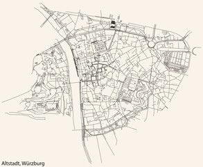 Fototapeta na wymiar Detailed navigation black lines urban street roads map of the ALTSTADT DISTRICT of the German regional capital city of Würzburg, Germany on vintage beige background