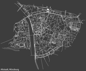 Detailed negative navigation white lines urban street roads map of the ALTSTADT DISTRICT of the German regional capital city of Würzburg, Germany on dark gray background