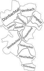 White flat vector administrative map of W&Uuml;RZBURG, GERMANY with name tags and black border lines of its districts