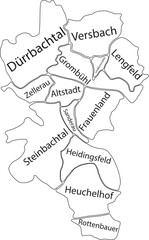White flat vector administrative map of WÜRZBURG, GERMANY with name tags and black border lines of its districts