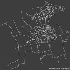 Detailed negative navigation white lines urban street roads map of the ROTTENBAUER DISTRICT of the German regional capital city of Würzburg, Germany on dark gray background