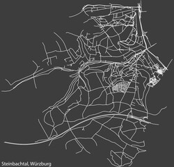 Detailed negative navigation white lines urban street roads map of the STEINBACHTAL DISTRICT of the German regional capital city of Würzburg, Germany on dark gray background