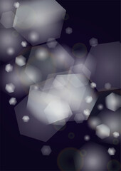 Fototapeta premium Vector Magical Glowing Background with Silver and Purple Falling Hexagon Snowflakes on Black. Falling Snow. Glittery Confetti Frame. Cosmic Bokeh Light. Christmas and New Year Poster. Winter Sky..