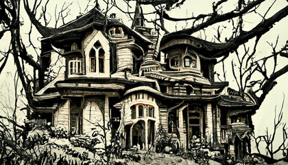 Halloween illustration haunted house with pumpkins. realistic halloween festival illustration. Halloween night pictures for wall paper. 3D illustration. Use digital paint blurring techniques.