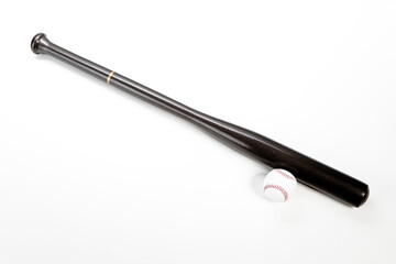 Sport Concepts. Full Length Closeup of Brown Wooden Baseball American Bat Along With Leather Ball Placed Together Over White Background