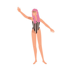 Happy young girl in swimwear gesturing hi. Modern woman in summer beach swimsuit waving with hand, greeting, welcoming smb, saying hello. Flat graphic vector illustration isolated on white background