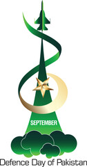 6th September. Happy Defence Day with number 6 and Pakistan Air Force Aircraft with star and moon