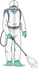 Cartoon character of disinfectant worker wearing protective mask and clothes, spraying coronavirus or covid-19.	