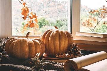 Cozy autumn still life with pumpkins, knitted woolen sweater and books on windowsill. Autumn home decor. Cozy fall mood. Autumn reading. Thanksgiving. Halloween.