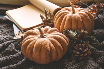 Cozy autumn still life with pumpkins, knitted woolen sweater and books on windowsill. Autumn home...