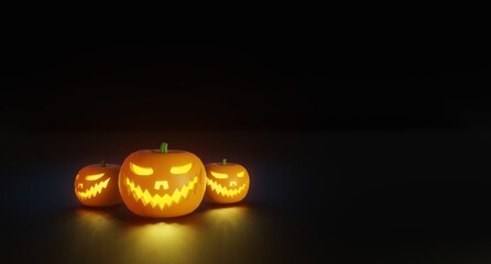 Halloween themed banner with Jack O Lantern pumpkins glowing in the dark. 3D illustration rendering.