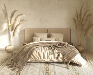 Scandinavian farmhouse style bedroom interior design. Empty beige wall mockup. Pastel color. 3d render illustration.