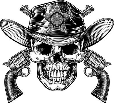 Skull in Cowboy Sheriff Hat with Pistols