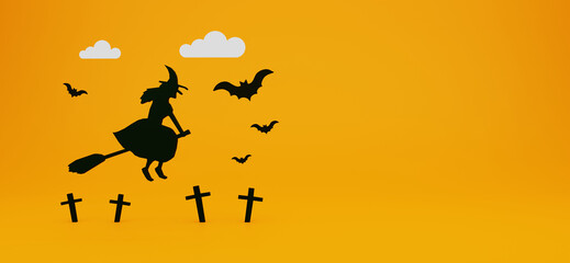 Halloween theme banner with witch on grave There were bats and clouds all. 3D illustration rendering.