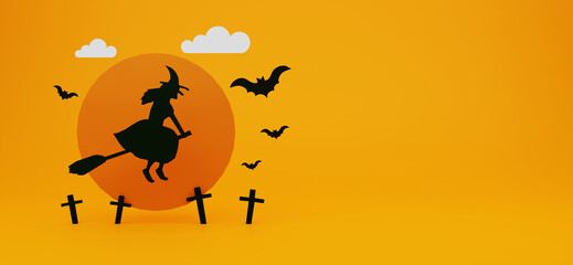 Fototapeta na wymiar Halloween theme banner with witch on grave There were bats and clouds all around with the moon in the background. 3D illustration rendering.