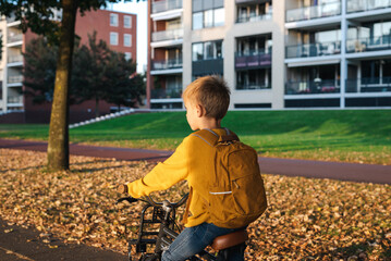 A boy in a yellow sweater with a yellow backpack rides a bicycle in the park.