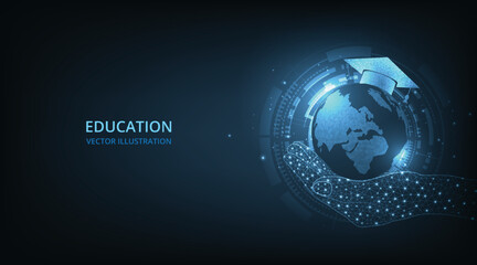  Polygonal graduation cap on earth globe (e-learning concept). Internet education course degree vector illustration. 