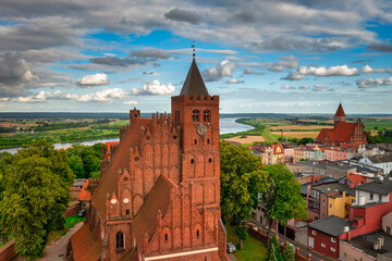 Fototapeta na wymiar Aerial view of the old town with the Teutonic castle and the church in Nowe by the Vistula river. Poland