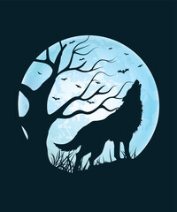 Fototapeta premium Nightmare or Halloween T-shirt or book cover design. Wolf howling at the moon, night.