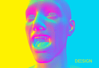 Portrait of screaming man with wide open mouth. Shock and awe. Full of emotions. Voxel art. 3D vector illustration.