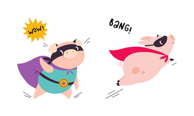 Fototapeta premium Funny superhero pigs running and flying set. Cute powerful piglets dressed as superheroes cartoon vector illustration