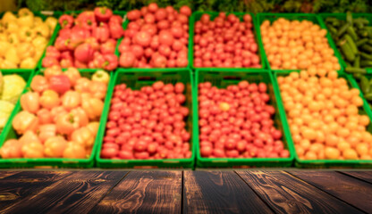 Supermarket table background. A counter with blurred vegetables and empty wooden table. Grocery, food, products, retail concept. 