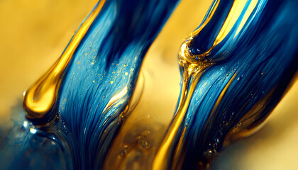 Liquid blue and golden paints, Abstract fluid smooth background with waves luxury.3d render.
