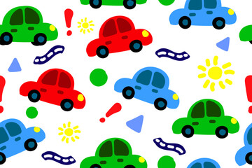 Fantasy fictitious cars, children drawing of a auto, a seamless pattern of automobile and road signs