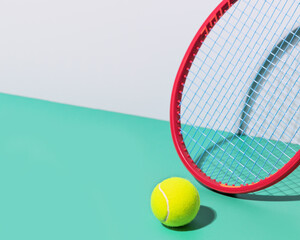 Minimalistic, tennis composition with red tennis racket and yellow, tennis ball on a blue background with copy space. Tennis competition. Selective focus, closeup