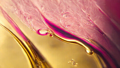 Liquid pink and golden paints, Abstract fluid smooth background with waves luxury.3d render.