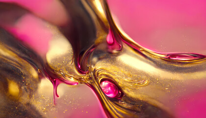 Liquid pink and golden paints, Abstract fluid smooth background with waves luxury.3d render.
