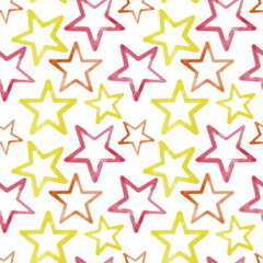 Seamless pattern yellow red star on white, watercolor textured background - obrazy, fototapety, plakaty