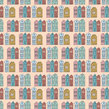 Yellow pink pastel house for baby textile design seamless pattern © OlgaKorica