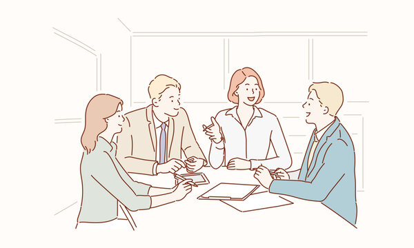 Group of young business people working and communicating while sitting at the office desk together with colleagues sitting in the background.hand drawn style vector design