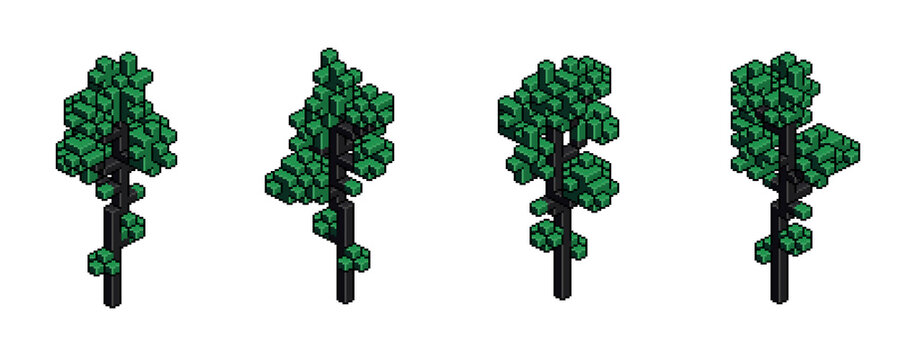 Trees. Pixel art retro game style, four angles