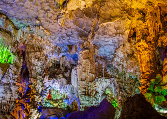 Stalactites in caves in Halong Bay, Vietnam