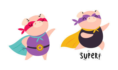 Funny pigs dressed as superheroes set cartoon vector illustration