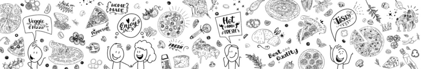 Traditional Italian pizza, vegetables, ingredients on dark background. Pizza menu.Top view. Vector illustration. Engraved design. 