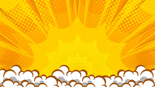 Yellow comic abstrack background pop art book or poster background with halftone and clouds effect