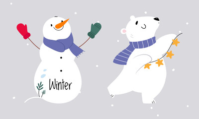 Set of cute winter forest animals. Snowman and polar bear Christmas characters vector illustration
