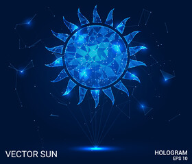 A hologram of the sun. The sun icon consists of polygons, triangles of points and lines. The sun icon is a low-poly compound structure. Technology concept vector.