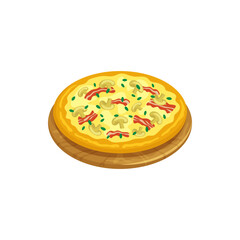Veronese pizza isolated Italian traditional baked food popular in Verona. Vector homemade pizza with mushrooms and grilled ham, green leaves sesonings. Italy street food on wooden board, cartoon style