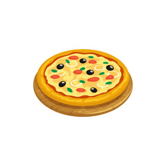 Italian pizza with onion, tomatoes and mozzarella isolated food snack. Vector baked traditional Italy cuisine street food, takeaway pizza with cheese and vegetables, black olives, homemade cooking